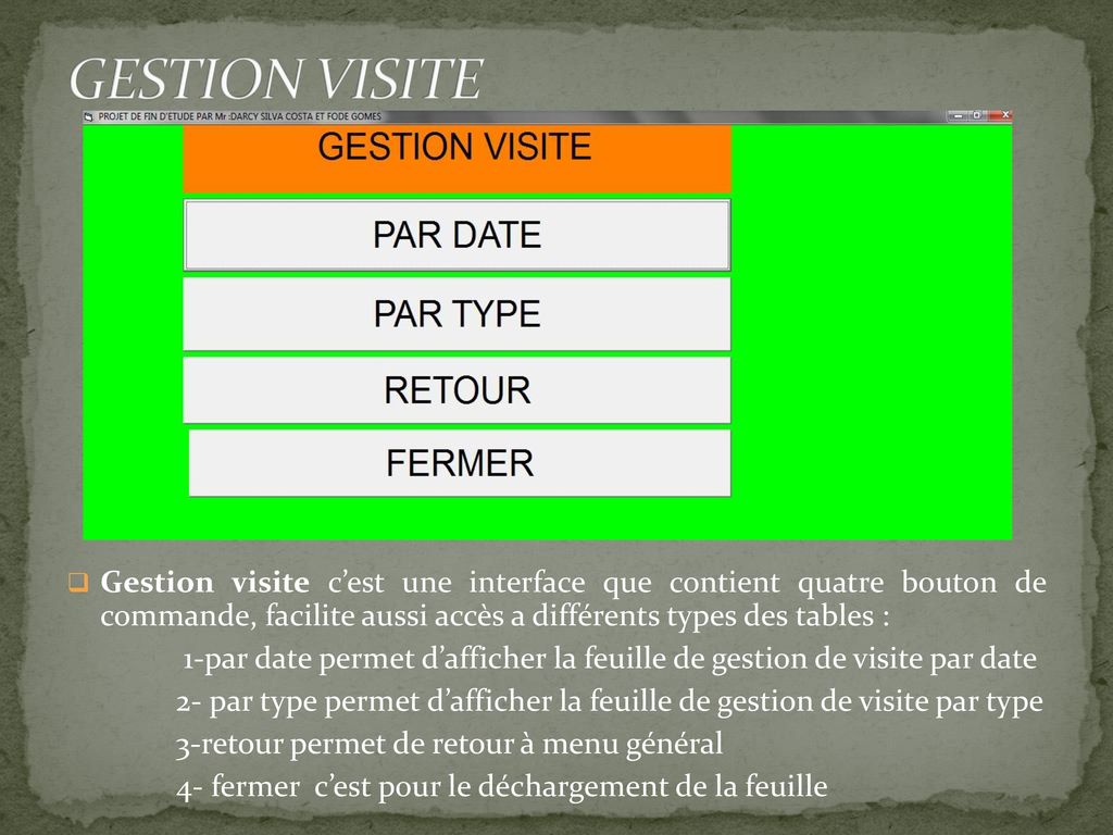 GESTION VISITE Gestion visite c’est une interface que contient quatre bouton de commande, facilite aussi accès a différents types des tables :