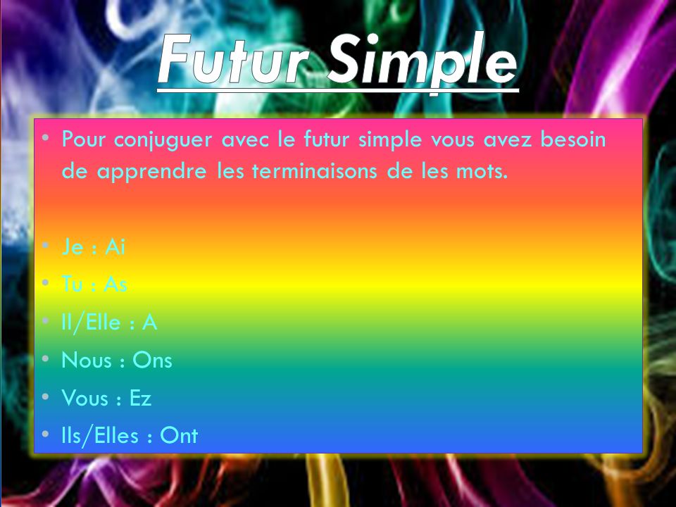 Futur Simple Pour conjuguer avec le futur simple vous avez besoin de apprendre les terminaisons de les mots.