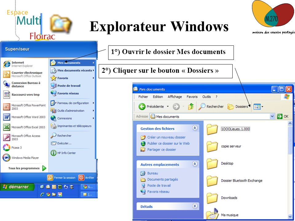Explorateur Windows 1°) Ouvrir le dossier Mes documents