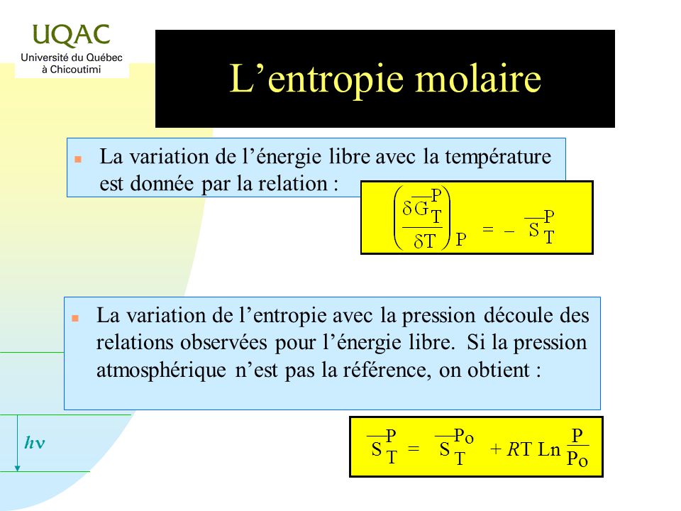 L’entropie molaire La variation de l’énergie libre avec la température est donnée par la relation :