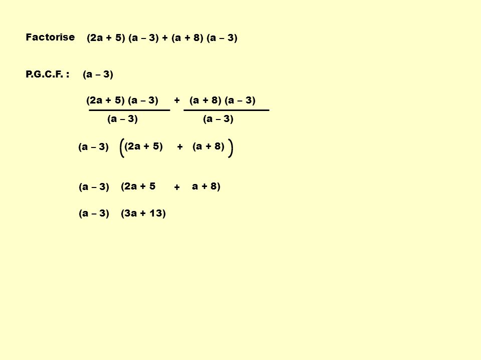 Factorise (2a + 5) (a – 3) + (a + 8) (a – 3) P.G.C.F. : (a – 3) (2a + 5) (a – 3) + (a + 8) (a – 3)