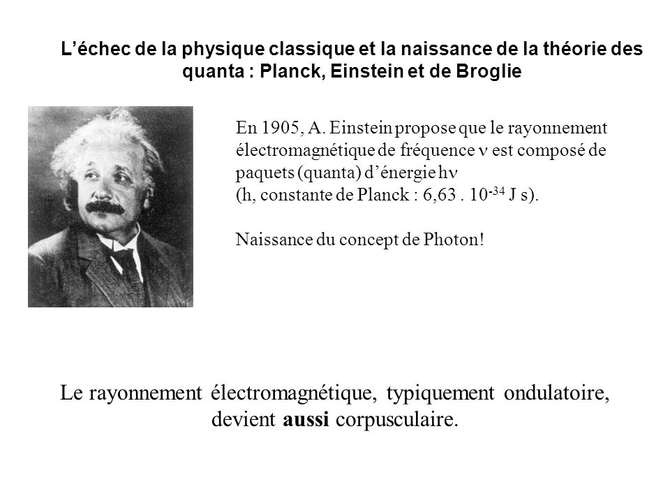 L’échec de la physique classique et la naissance de la théorie des quanta : Planck, Einstein et de Broglie