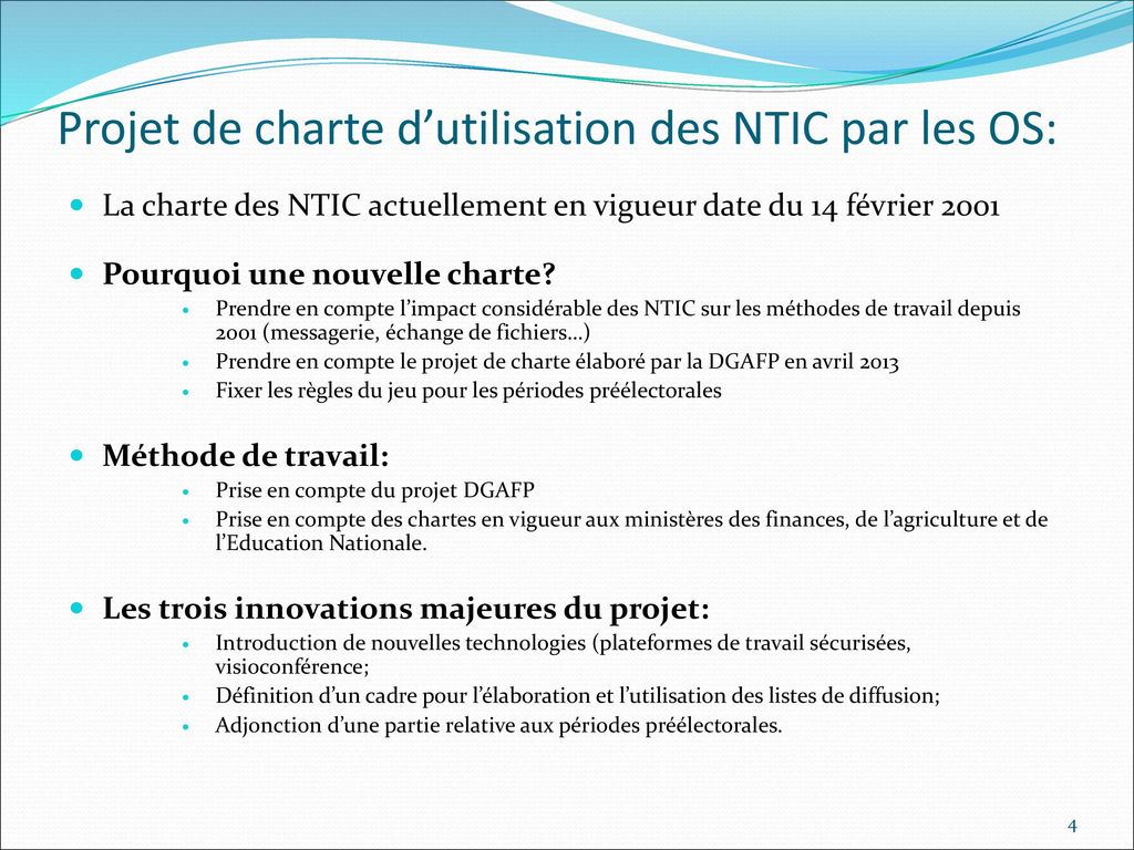 Projet de charte d’utilisation des NTIC par les OS:
