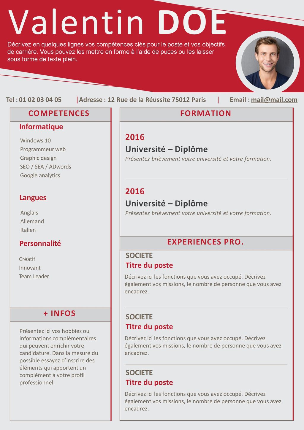 Valentin DOE 2016 Université – Diplôme COMPETENCES + INFOS FORMATION