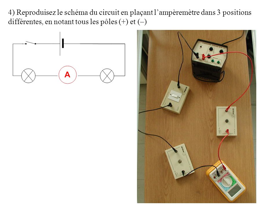 4) Reproduisez le schéma du circuit en plaçant l’ampèremètre dans 3 positions différentes, en notant tous les pôles (+) et (–)