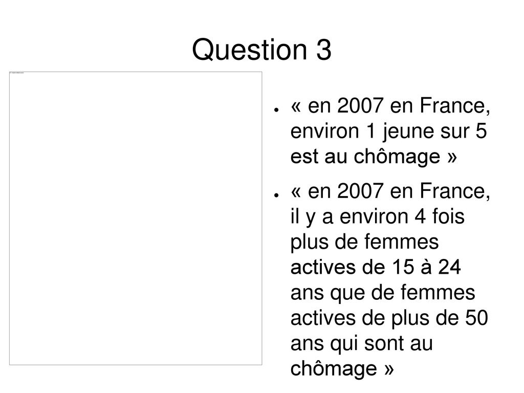 Question 3 « en 2007 en France, environ 1 jeune sur 5 est au chômage »