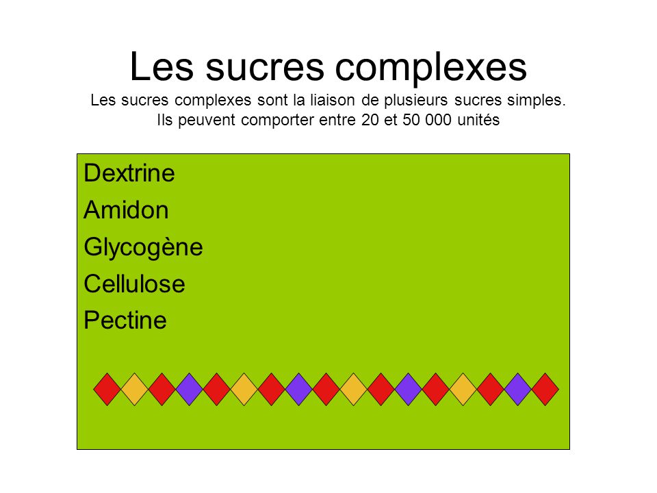 Les sucres complexes Les sucres complexes sont la liaison de plusieurs sucres simples. Ils peuvent comporter entre 20 et unités