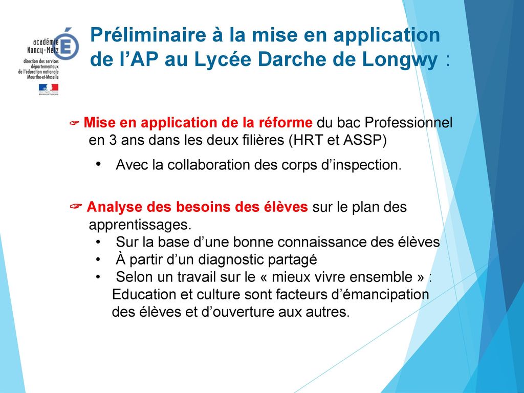 Préliminaire à la mise en application de l’AP au Lycée Darche de Longwy :