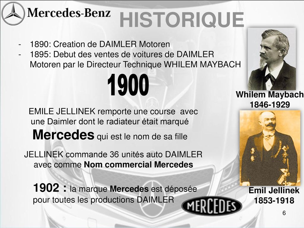 HISTORIQUE 1890: Creation de DAIMLER Motoren. 1895: Debut des ventes de voitures de DAIMLER Motoren par le Directeur Technique WHILEM MAYBACH.