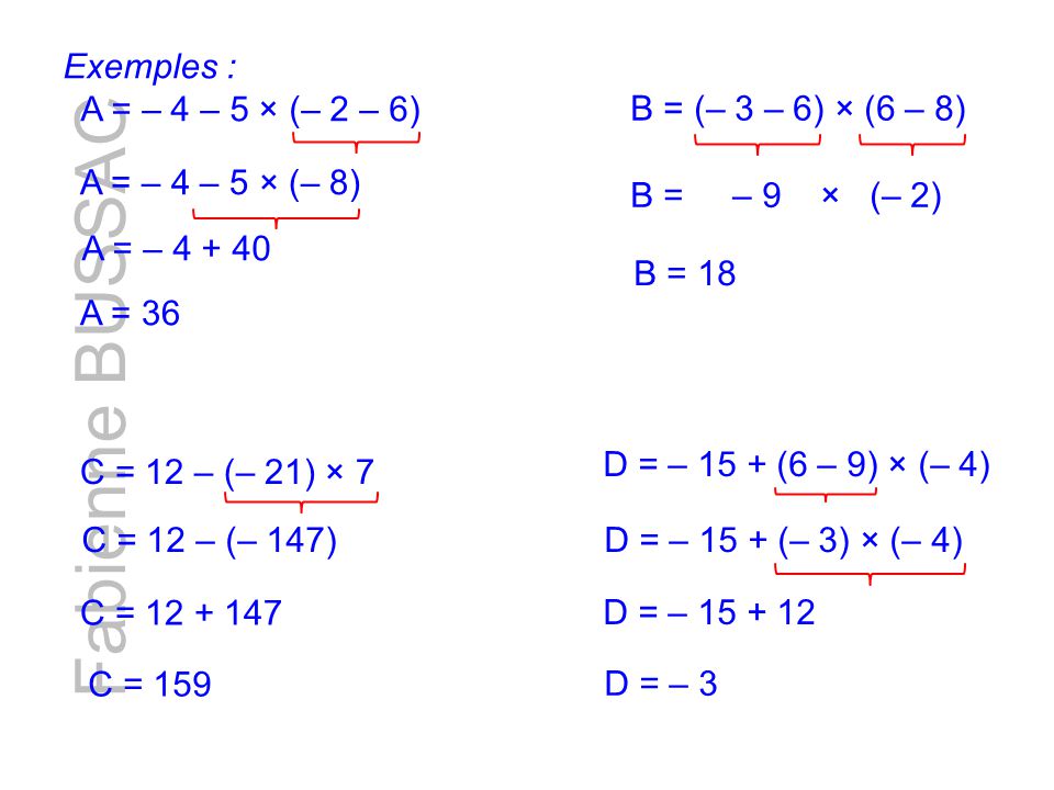 Fabienne BUSSAC Exemples : A = – 4 – 5 × (– 2 – 6)