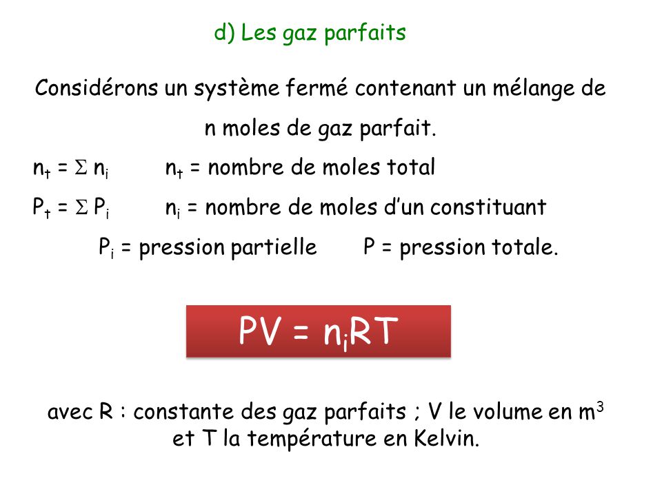 PV = niRT d) Les gaz parfaits