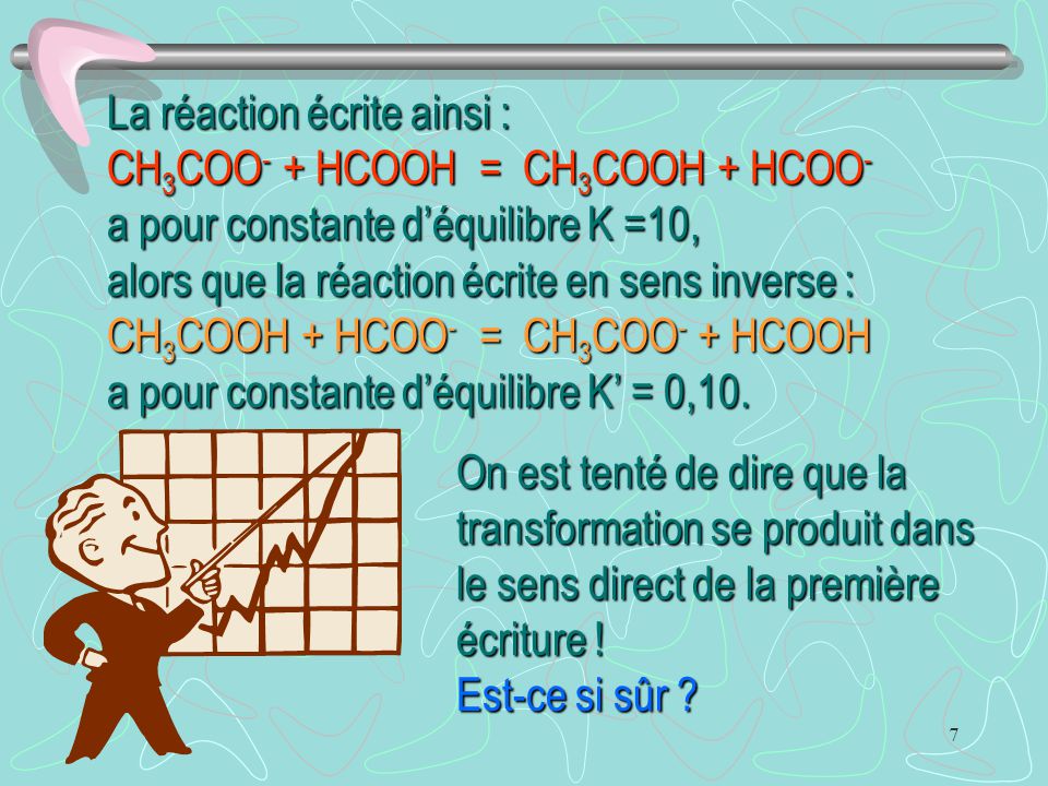 La réaction écrite ainsi : CH3COO- + HCOOH = CH3COOH + HCOO- a pour constante d’équilibre K =10,