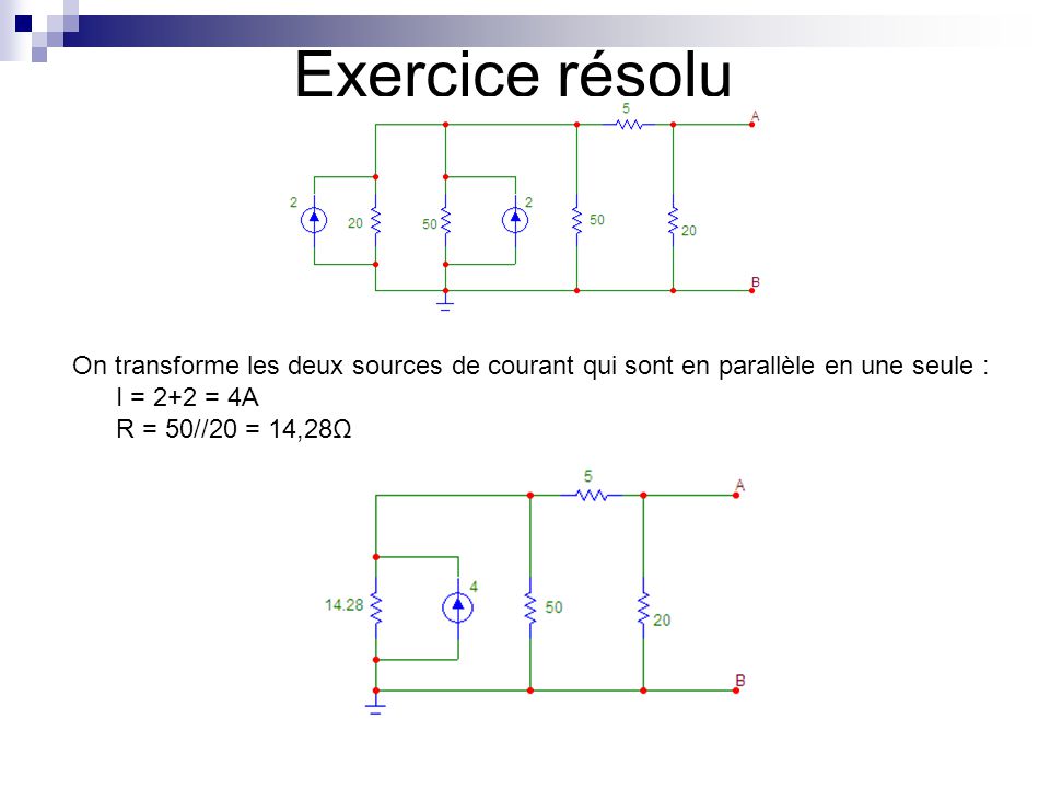Exercice résolu On transforme les deux sources de courant qui sont en parallèle en une seule : I = 2+2 = 4A.