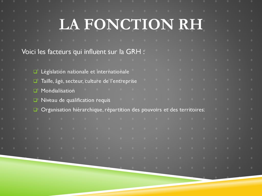 La fonction RH Voici les facteurs qui influent sur la GRH :