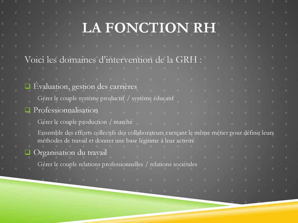 La fonction rh Voici les domaines d’intervention de la GRH :