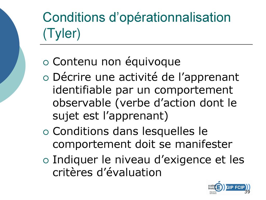 Conditions d’opérationnalisation (Tyler)