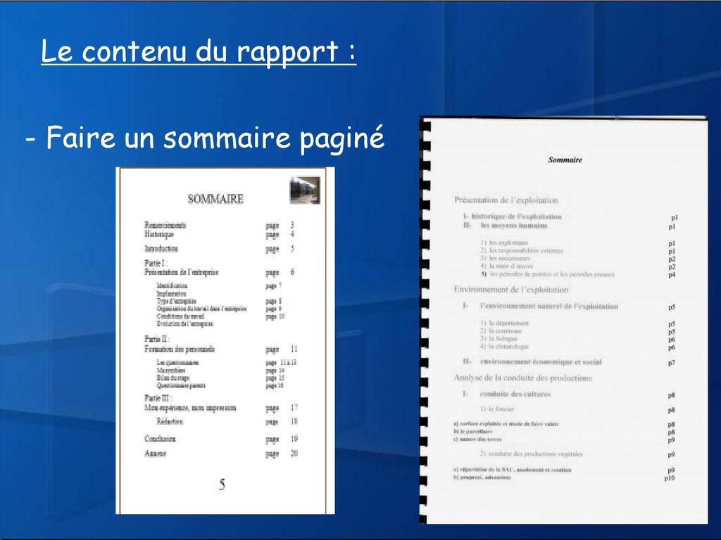 Le contenu du rapport : - Faire un sommaire paginé