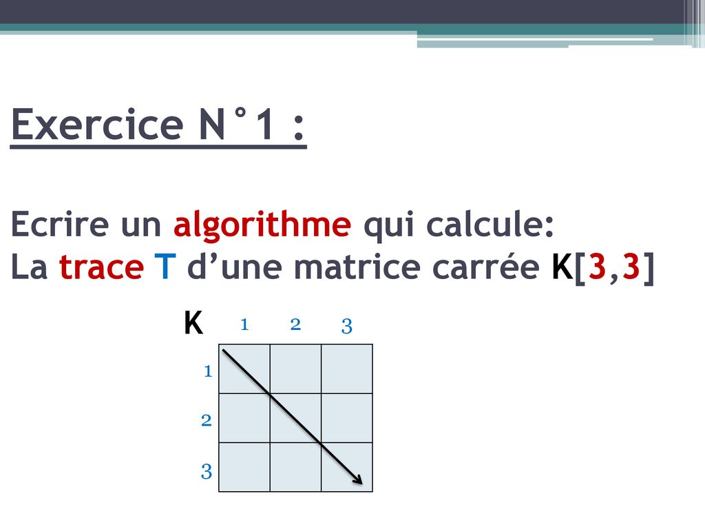 Exercice N°1 : Ecrire un algorithme qui calcule: La trace T d’une matrice carrée K[3,3]