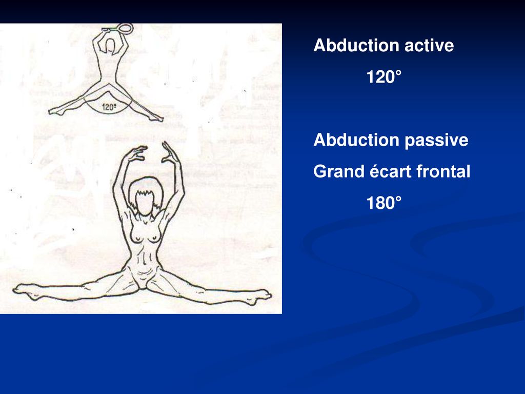 Abduction active 120° Abduction passive Grand écart frontal 180°