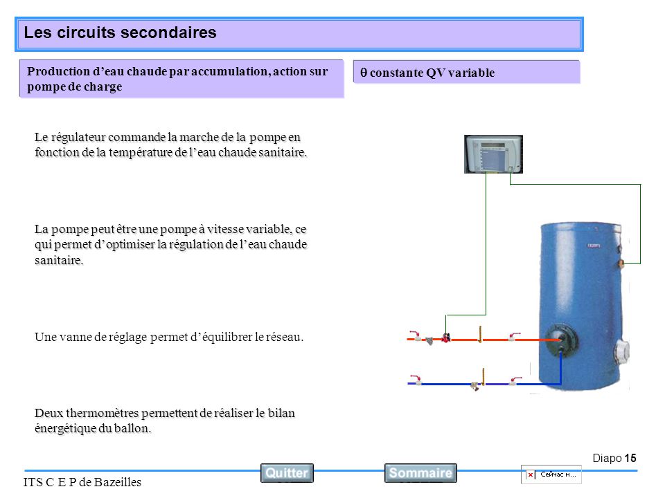Production d’eau chaude par accumulation, action sur pompe de charge