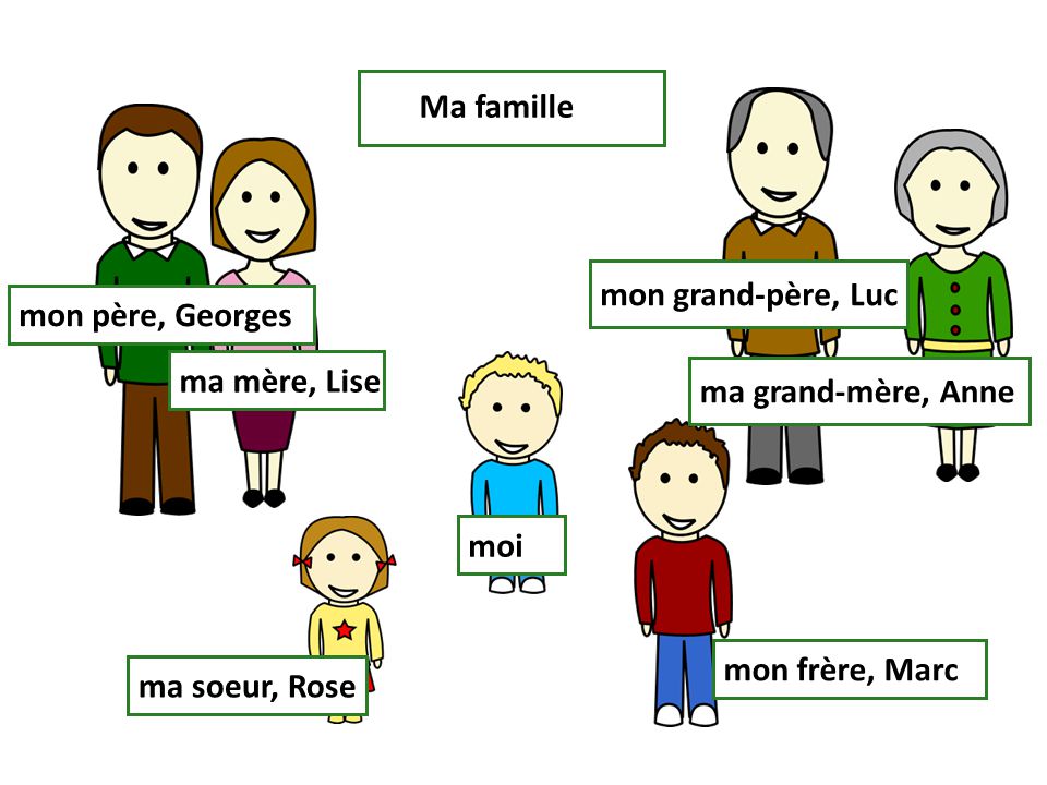 Ma famille mon grand-père, Luc. mon père, Georges. ma mère, Lise. ma grand-mère, Anne. moi. mon frère, Marc.