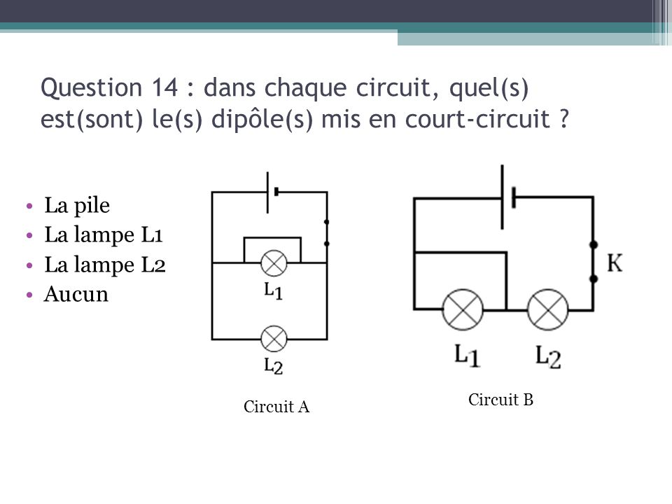 13/03/13 Question 14 : dans chaque circuit, quel(s) est(sont) le(s) dipôle(s) mis en court-circuit