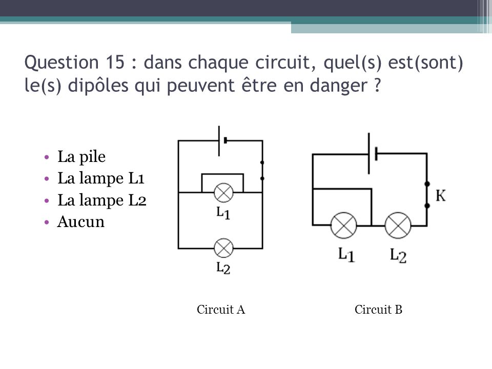 13/03/13 Question 15 : dans chaque circuit, quel(s) est(sont) le(s) dipôles qui peuvent être en danger