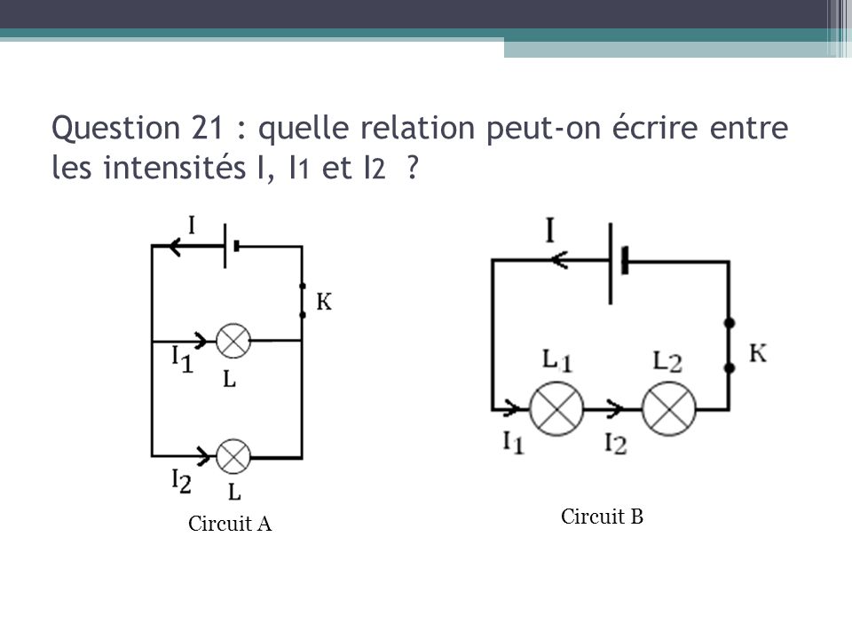 13/03/13 Question 21 : quelle relation peut-on écrire entre les intensités I, I1 et I2 Circuit B.