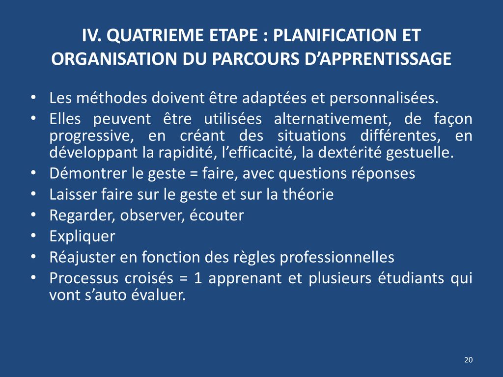 IV. QUATRIEME ETAPE : PLANIFICATION ET ORGANISATION DU PARCOURS D’APPRENTISSAGE