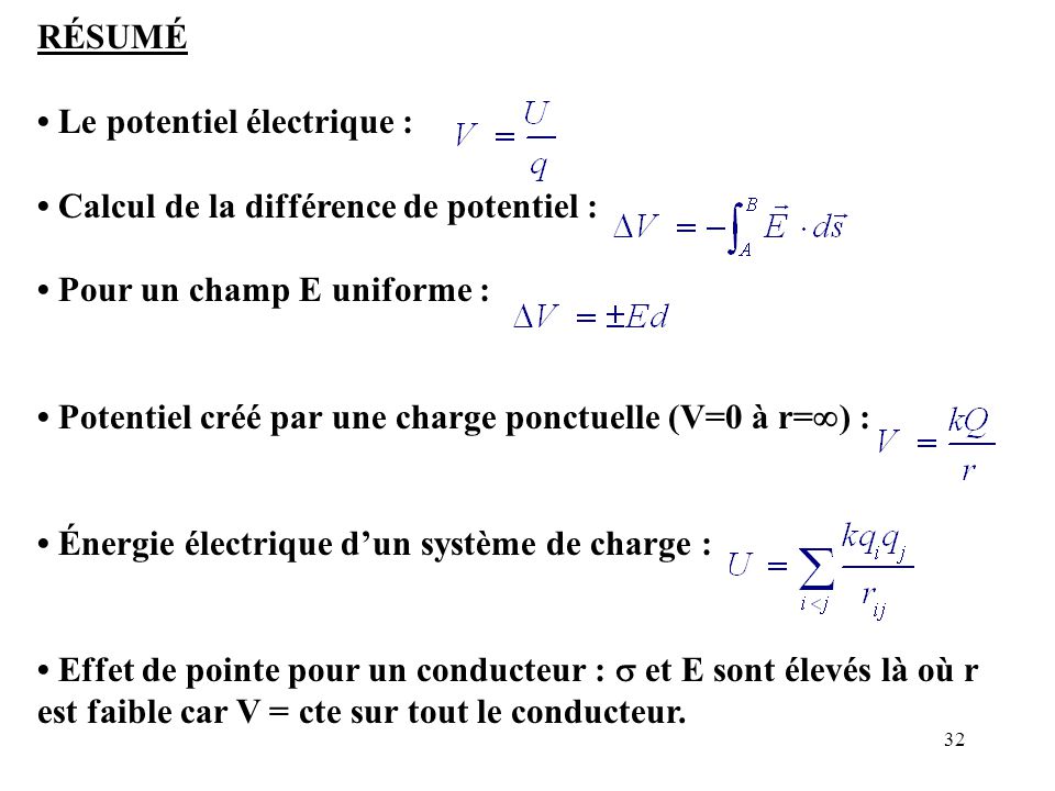 RÉSUMÉ • Le potentiel électrique : • Calcul de la différence de potentiel : • Pour un champ E uniforme :