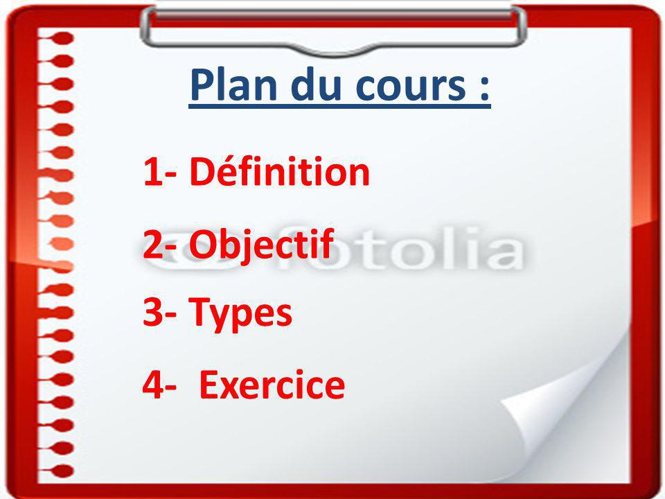 1- Définition Plan du cours : 2- Objectif 3- Types 4- Exercice