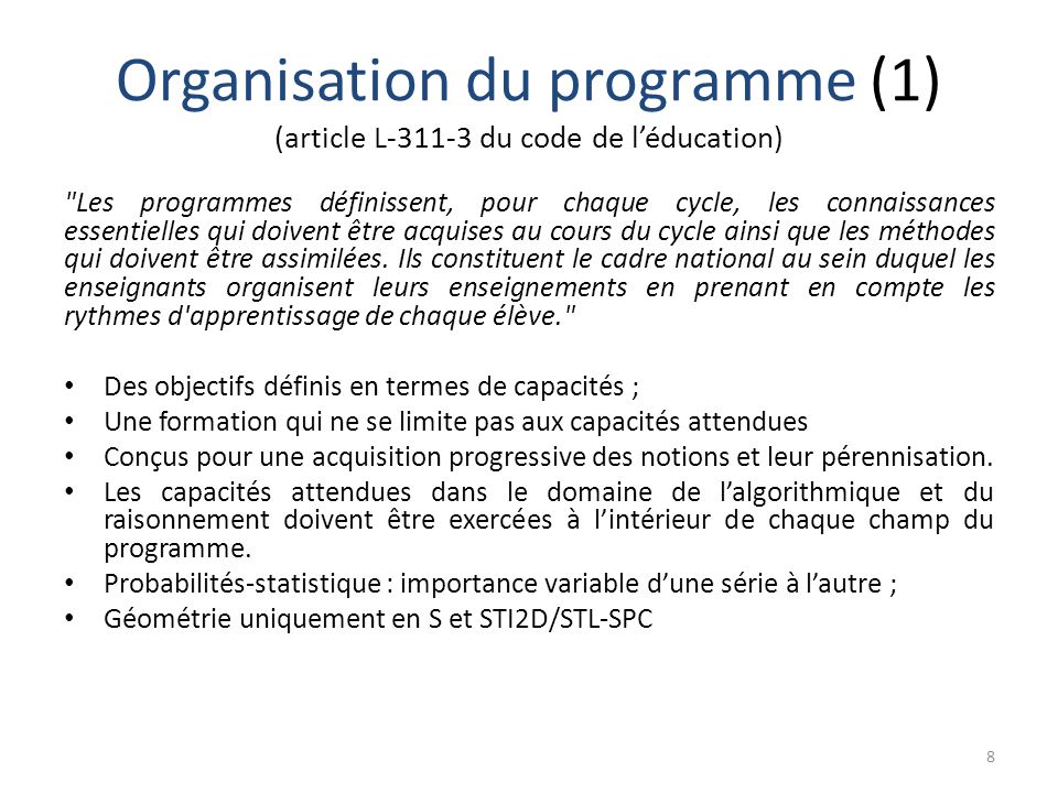 Organisation du programme (1) (article L du code de l’éducation)