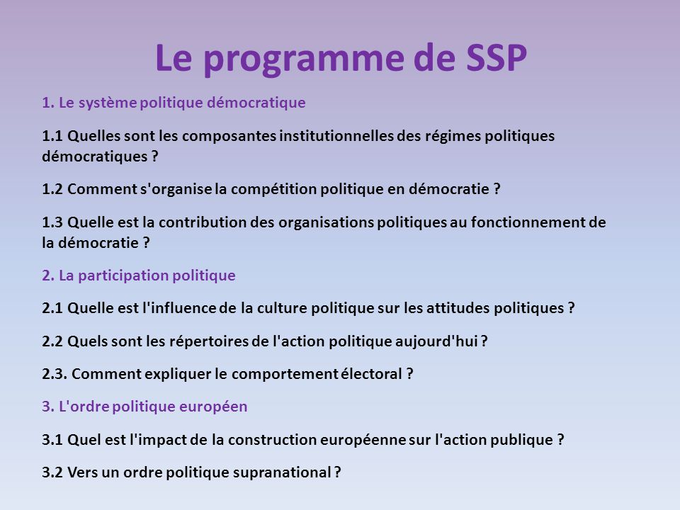 Le programme de SSP 1. Le système politique démocratique