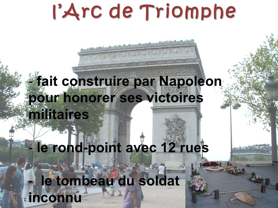 l’Arc de Triomphe fait construire par Napoleon pour honorer ses victoires militaires. le rond-point avec 12 rues.
