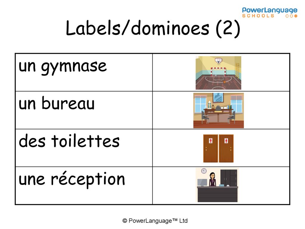 Labels/dominoes (2) un gymnase un bureau des toilettes une réception