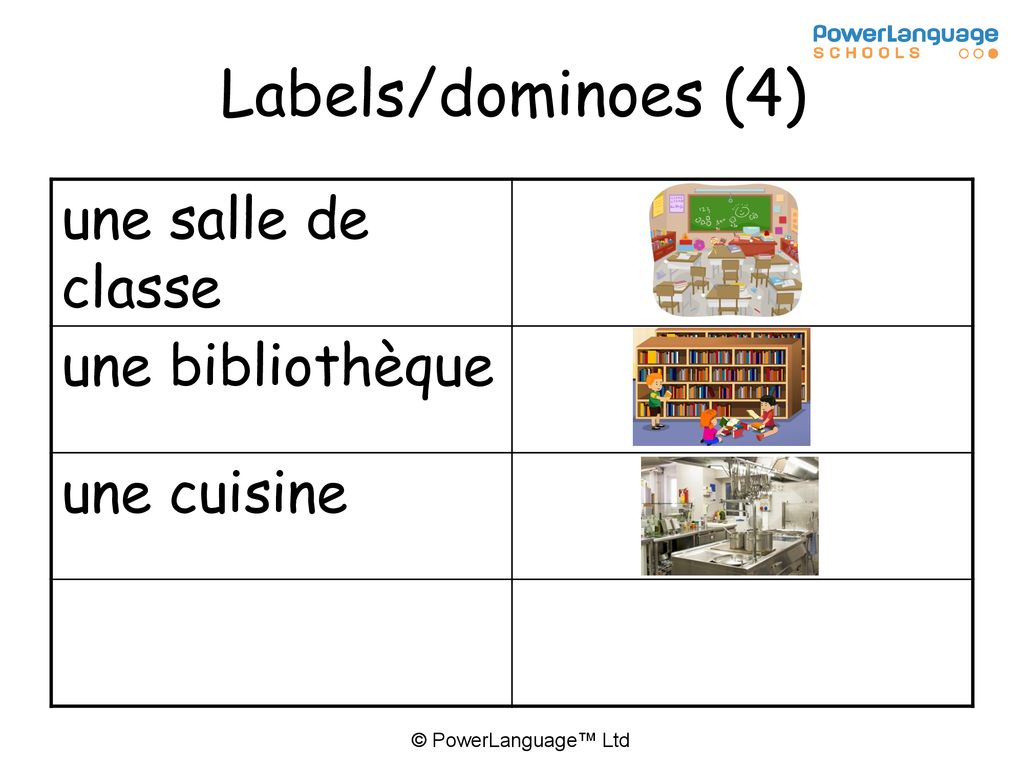 Labels/dominoes (4) une salle de classe une bibliothèque une cuisine