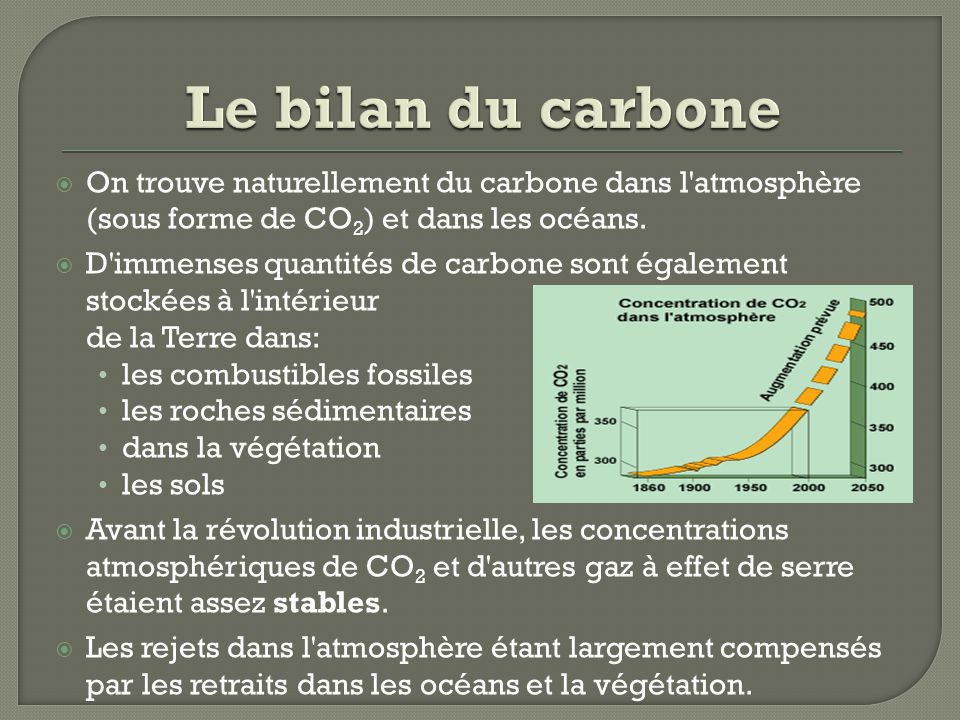 Le bilan du carbone On trouve naturellement du carbone dans l atmosphère (sous forme de CO2) et dans les océans.