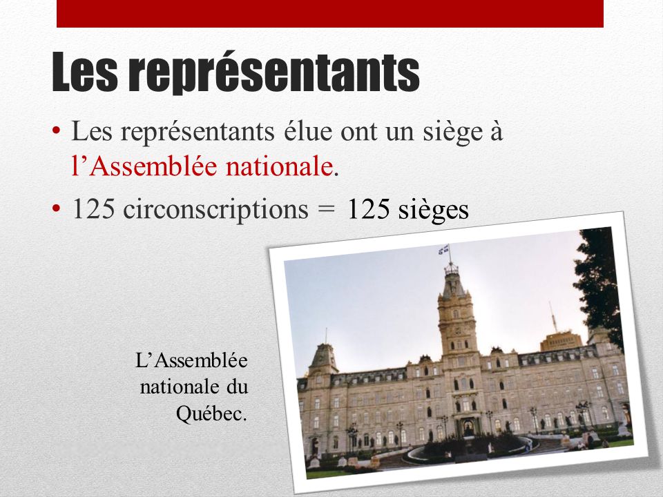 Les représentants Les représentants élue ont un siège à l’Assemblée nationale. 125 circonscriptions =