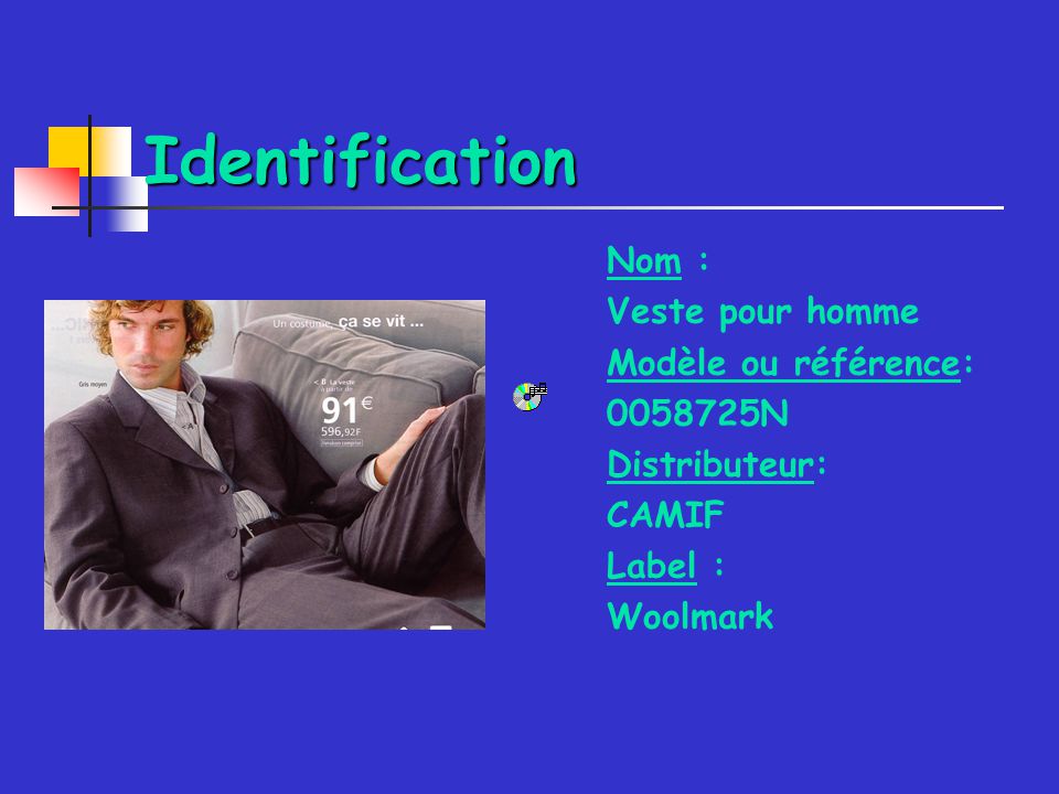 Identification Nom : Veste pour homme Modèle ou référence: N