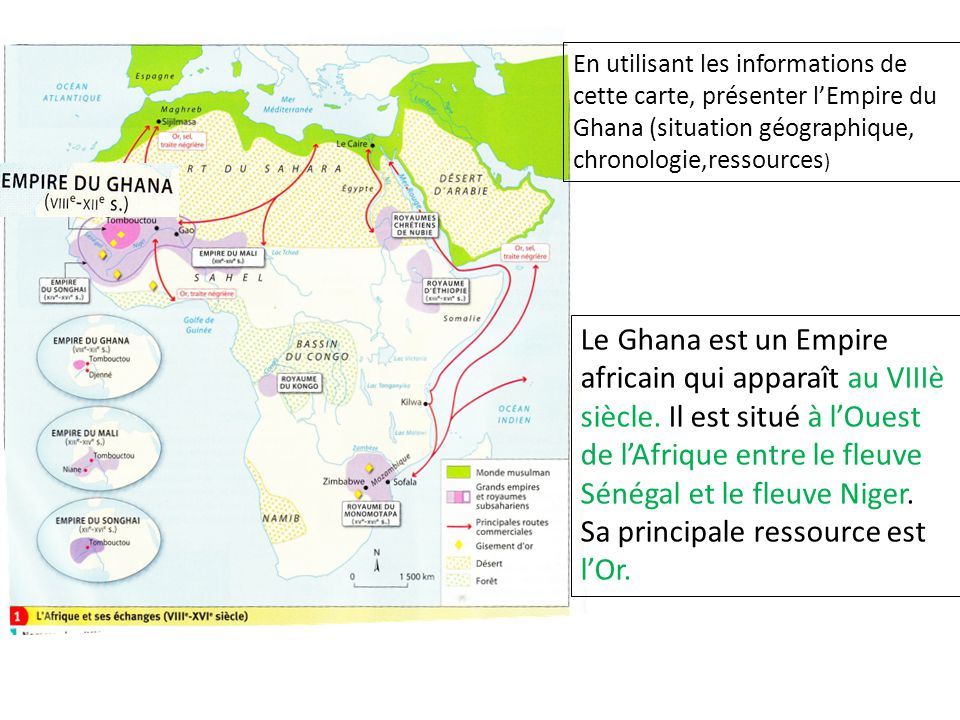 En utilisant les informations de cette carte, présenter l’Empire du Ghana (situation géographique, chronologie,ressources)