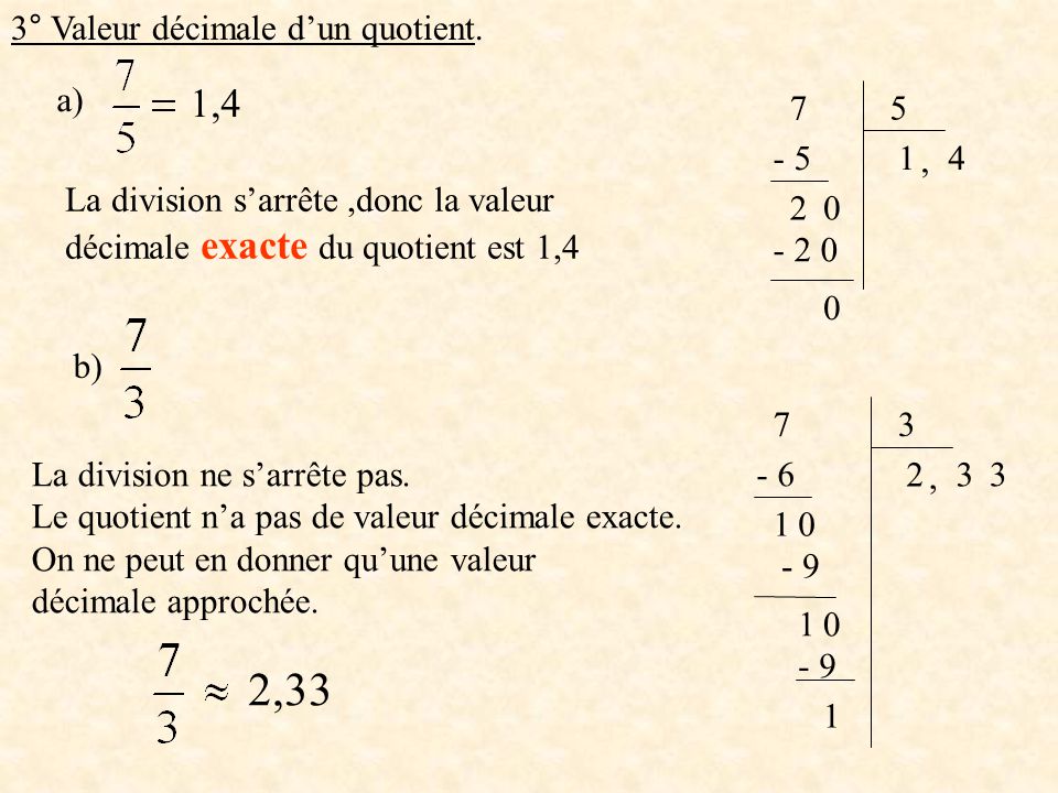 2,33 1,4 3° Valeur décimale d’un quotient. a) , 4