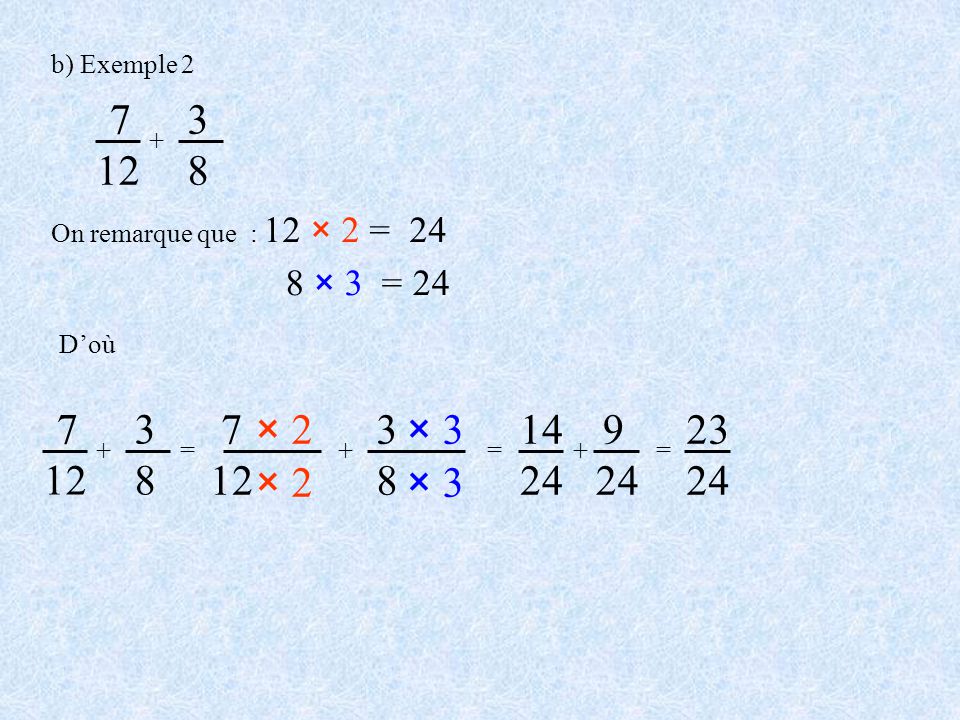 b) Exemple On remarque que : 12 × 2 = × 3 = 24. D’où