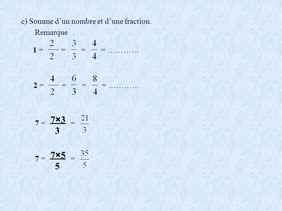 7×3 3 7×5 5 c) Somme d’un nombre et d’une fraction. Remarque 1 = = =