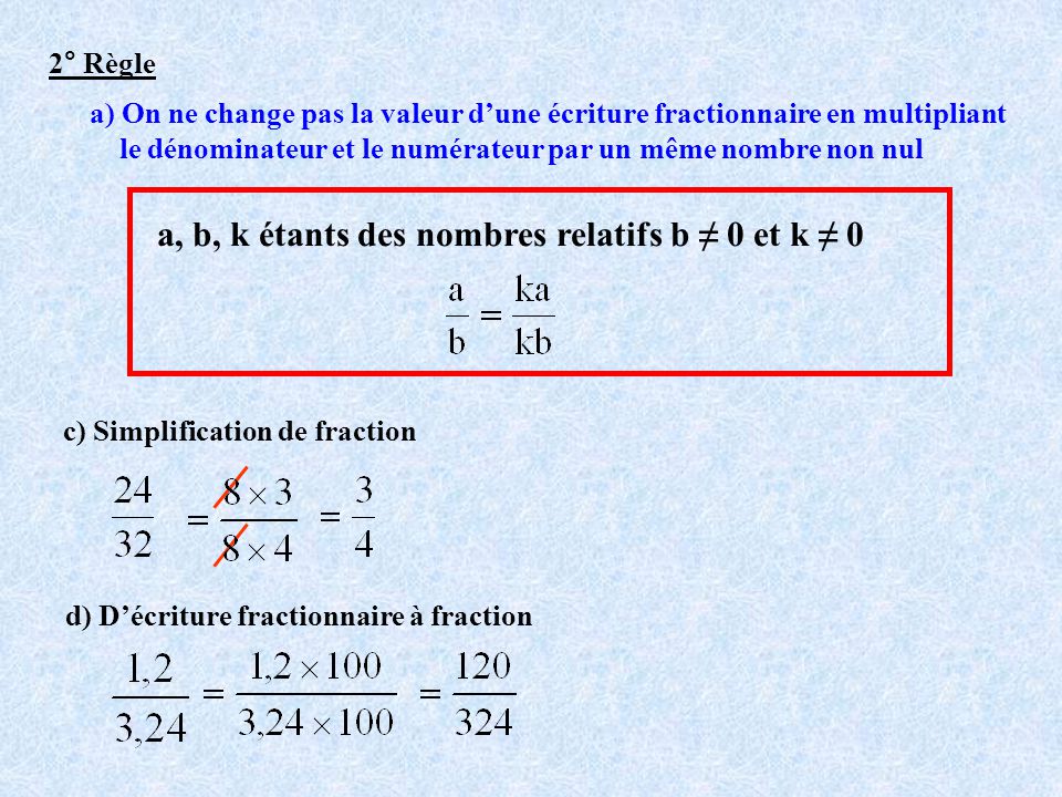 a, b, k étants des nombres relatifs b ≠ 0 et k ≠ 0