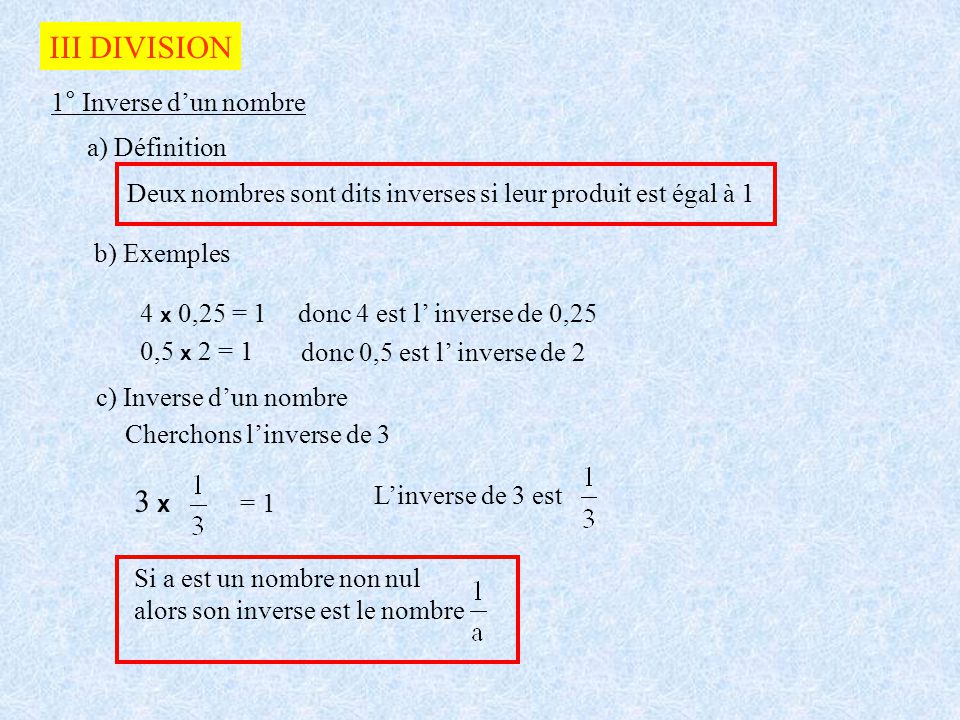 III DIVISION 3 x 1° Inverse d’un nombre a) Définition