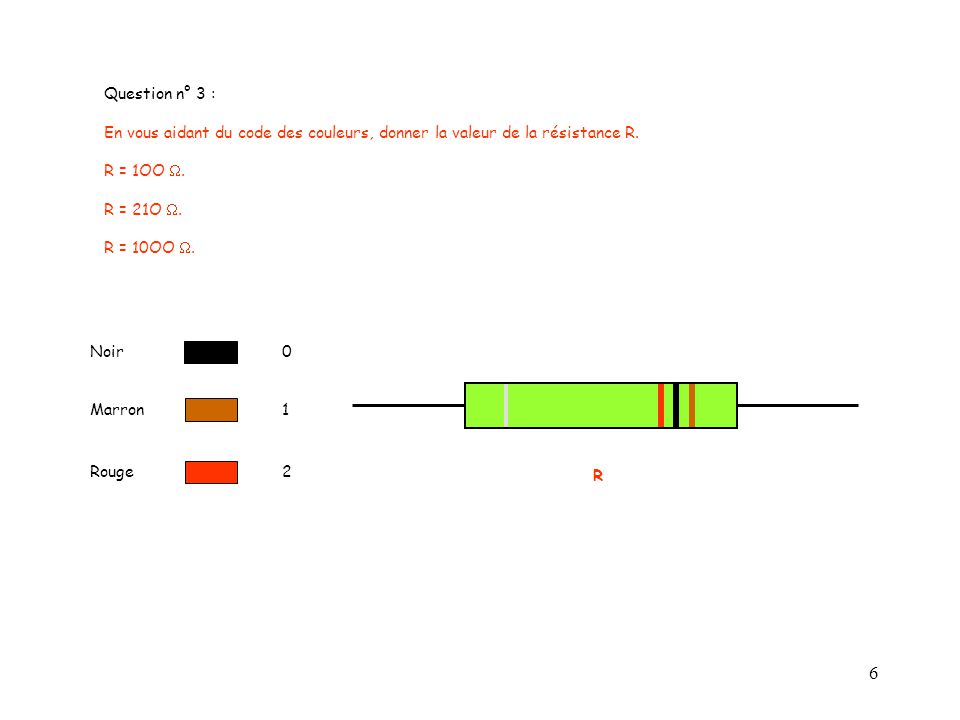 Question n° 3 : En vous aidant du code des couleurs, donner la valeur de la résistance R. R = 1OO W.
