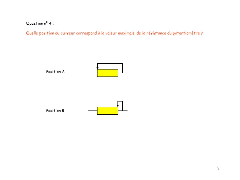 Question n° 4 : Quelle position du curseur correspond à la valeur maximale de la résistance du potentiomètre