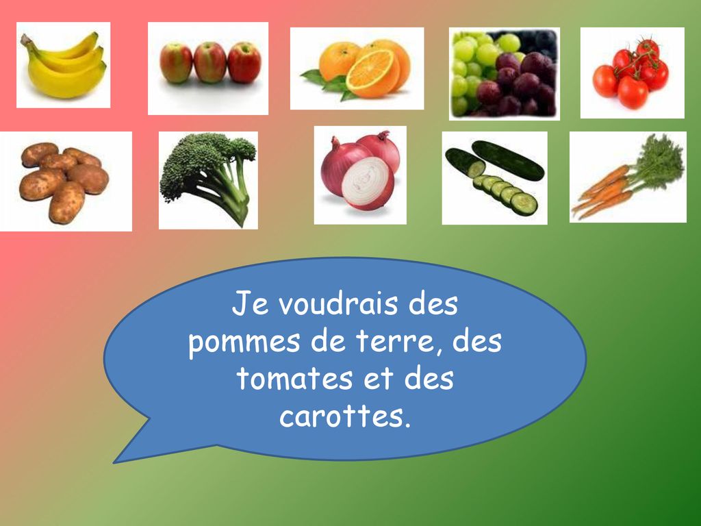Présentations des légumes : pommes de terre, tomates, carottes