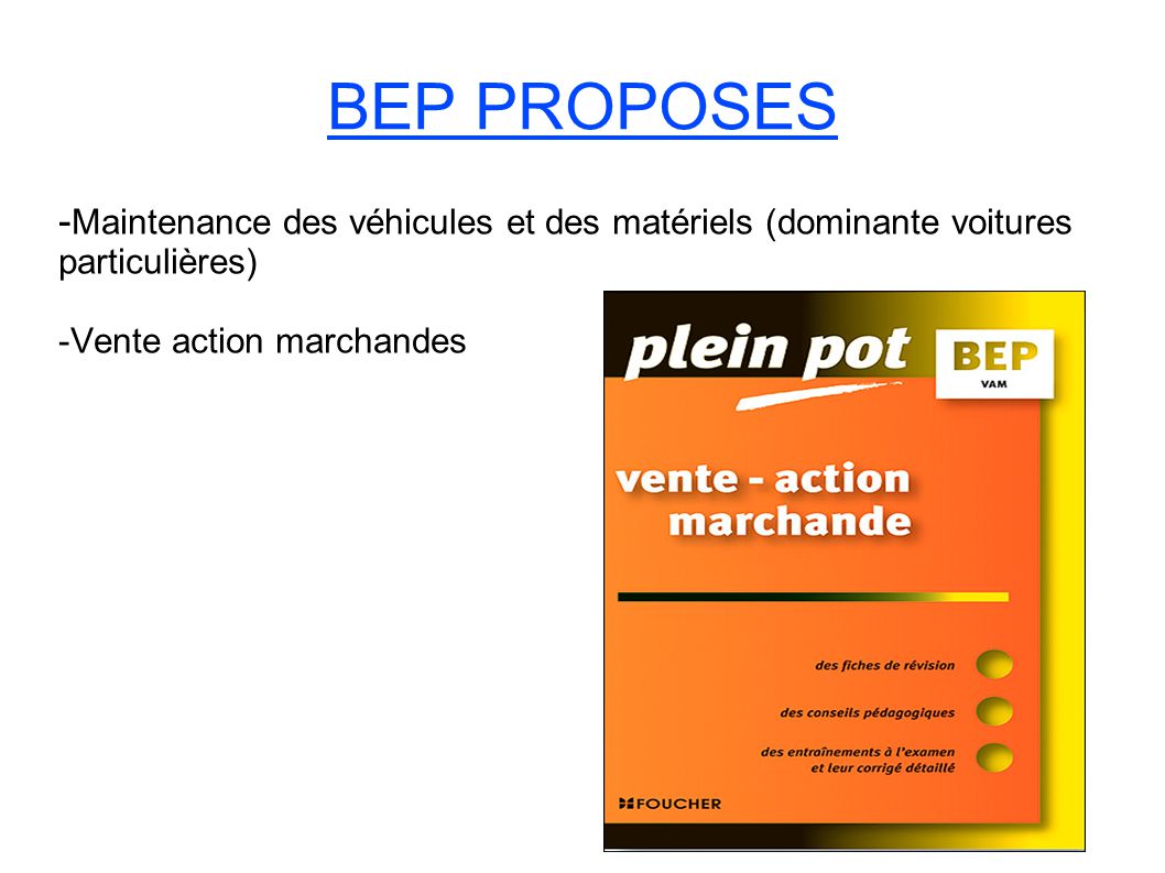 BEP PROPOSES -Maintenance des véhicules et des matériels (dominante voitures particulières) -Vente action marchandes.