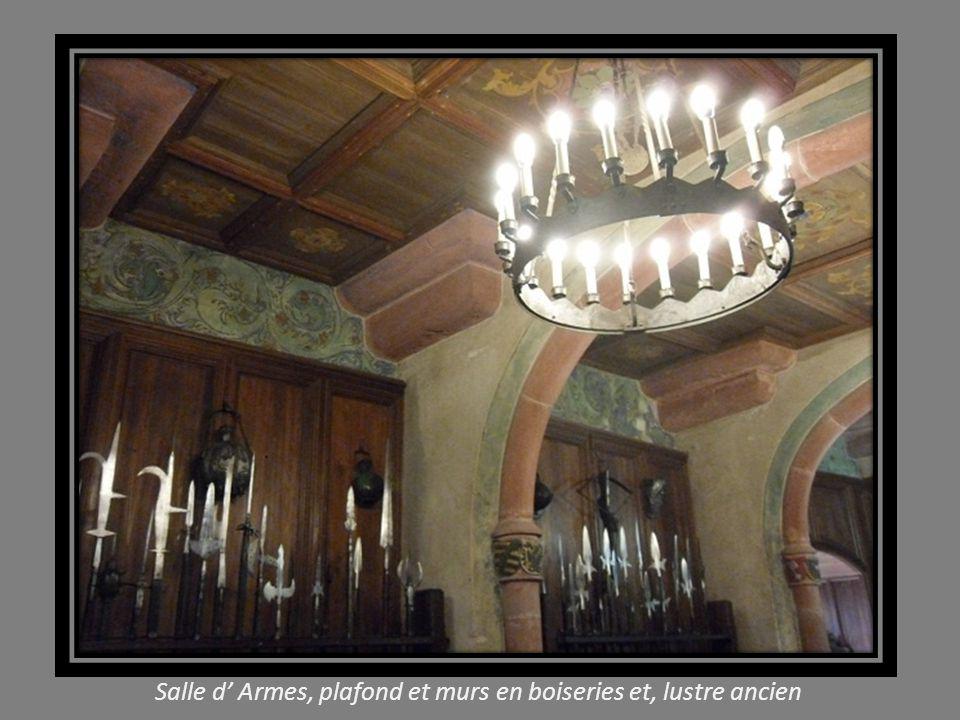 Salle d’ Armes, plafond et murs en boiseries et, lustre ancien